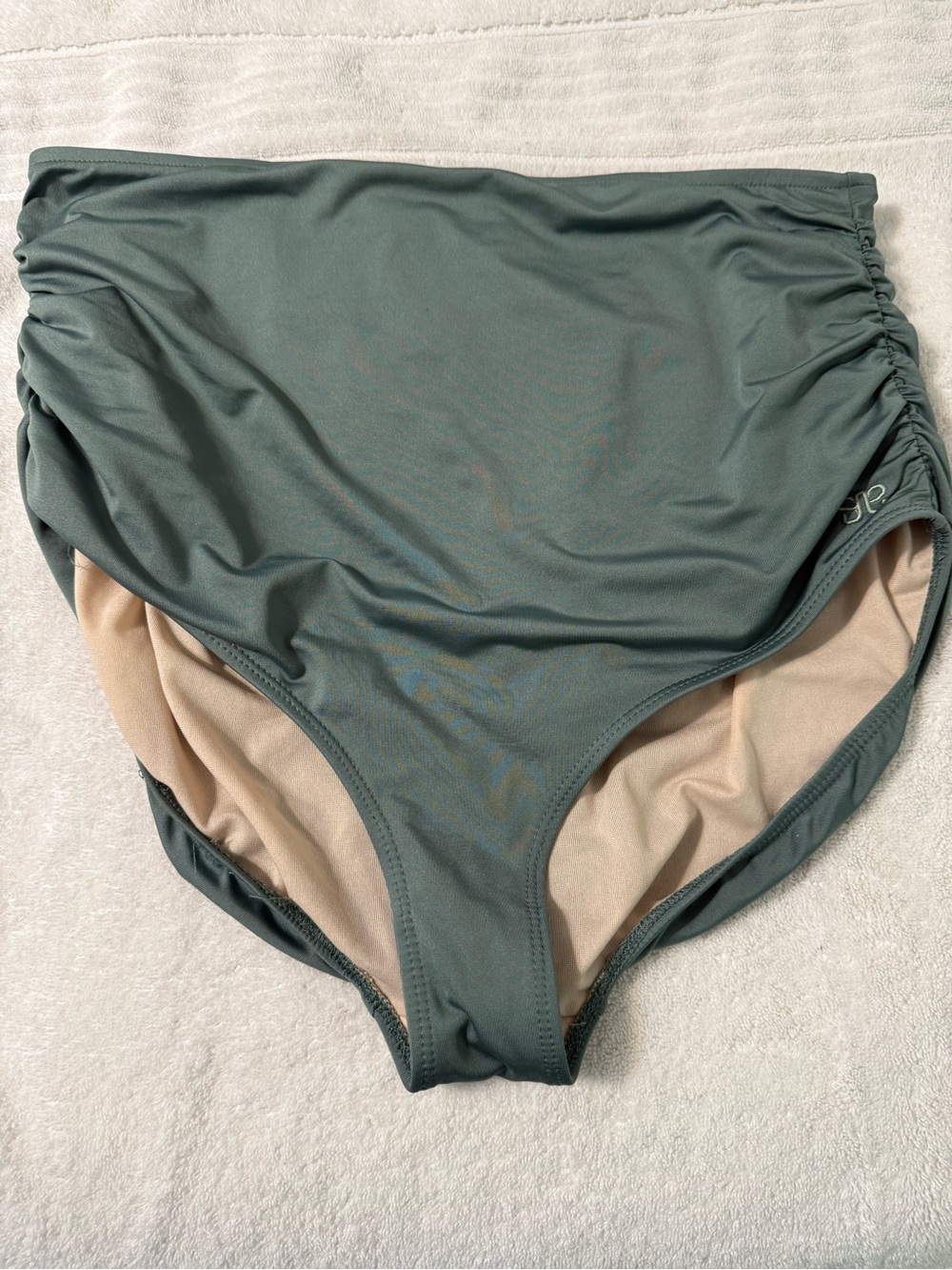 Albion High-Waist Ruched Bikini Bottoms in Sea Salt, lined.